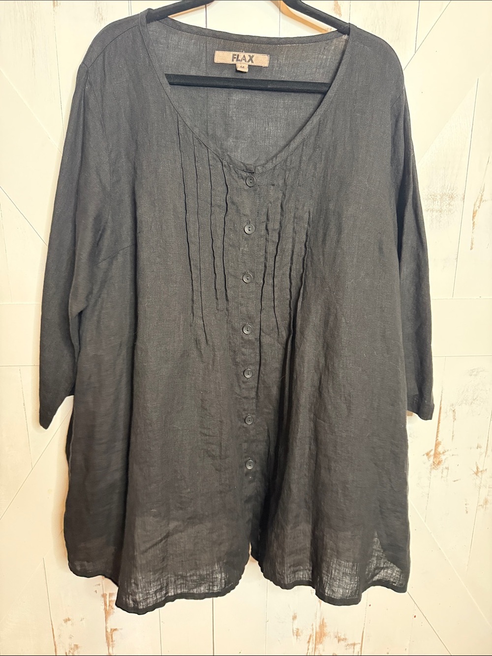 Flax Black Linen Button-Front Women's Tunic with Pintuck Detail